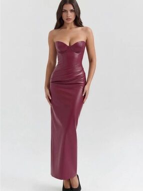 Vanessa Strapless Burgundy Faux Leather Maxi Dress